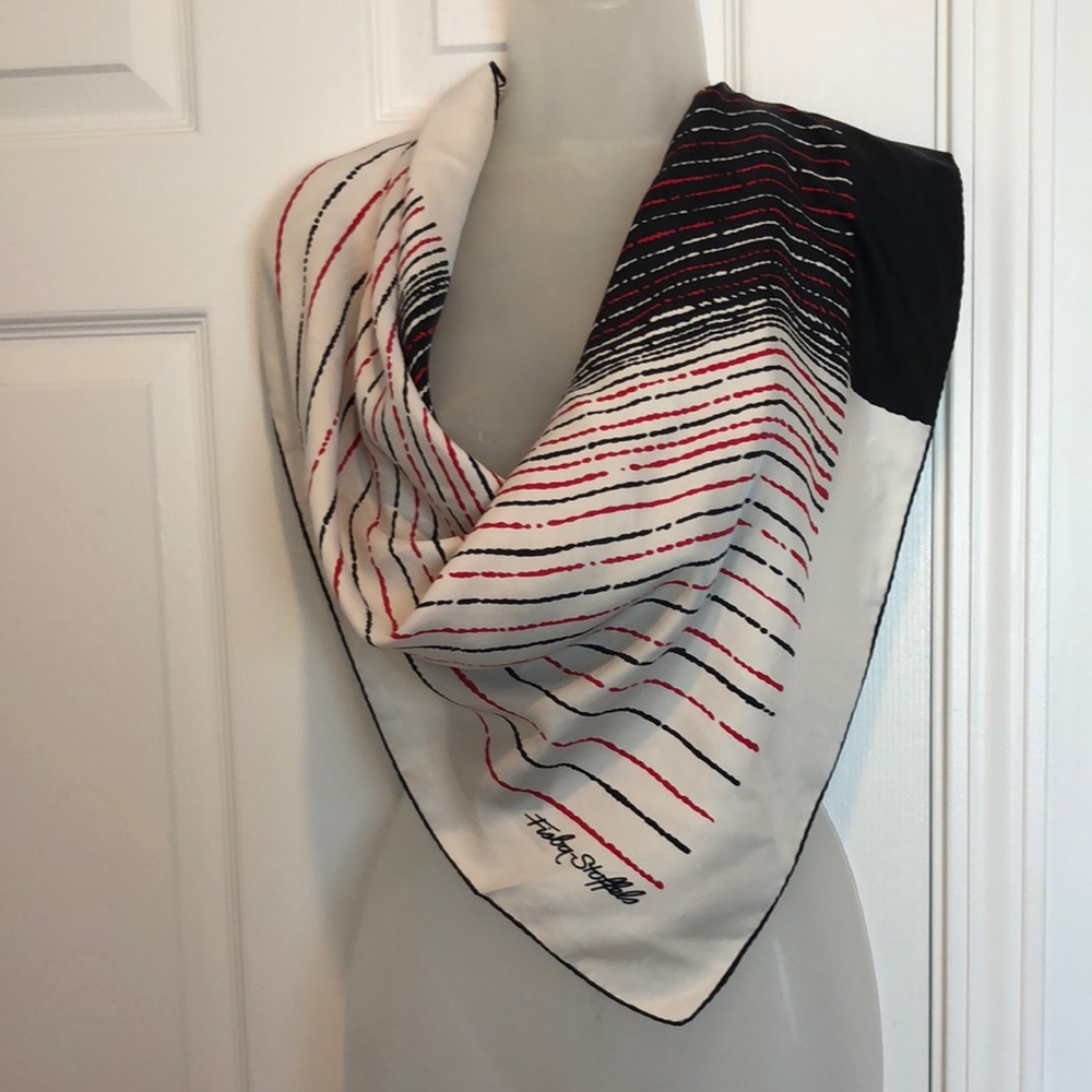 Fisba Stoffels Black White Red Striped Scarf. VTG Silk Hand rolled. Chic